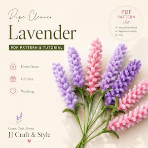 Patrón y tutorial en PDF para flores de lavanda hechas con limpiapipas, guía para principiantes para crear flores de alambre, descarga instantánea para crear ramos de lavanda.