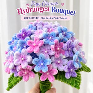 Patrón PDF de hortensia con limpiapipas, tutorial para flores con tallos de chenilla, ramo DIY, guía fotográfica paso a paso.