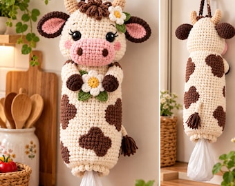 May include: A cream and brown cow-shaped crochet plastic bag dispenser featuring a pink snout, black eyes, and a white flower accent. The cylindrical body has brown spots, a hanging loop, and an opening at the bottom for dispensing plastic bags.