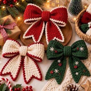 Pode incluir: Três laços de crochê feitos à mão nas cores vermelho, creme e verde escuro. O laço vermelho tem uma borda branca, o laço creme tem uma borda vermelha e o laço verde escuro é decorado com flocos de neve brancos bordados e bagas vermelhas.