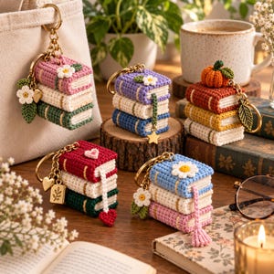 May include: Five crochet keychains, each featuring a stack of three miniature books in various colors like pink, blue, red, and yellow. The keychains are decorated with small crocheted flowers, a pumpkin, hearts, and metal charms attached to gold-toned rings.
