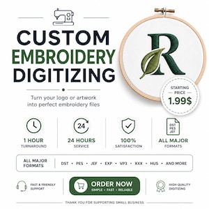 Può includere: Un annuncio digitale per servizi di digitalizzazione di ricami personalizzati con un telaio da ricamo in legno che mostra una lettera R verde ricamata con una foglia. Il testo include Custom Embroidery Digitizing, 1 hour turnaround, 24 hours service e un elenco di formati come DST, PES e JEF.