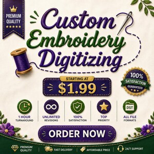 Könnte beinhalten: Eine grafische Anzeige für individuelle Stickerei-Digitalisierungsdienste mit violettem und grünem Text, einer Spule mit violettem Garn, einer Nähnadel und verschiedenen Symbolen, die die Funktionen des Dienstes darstellen.
