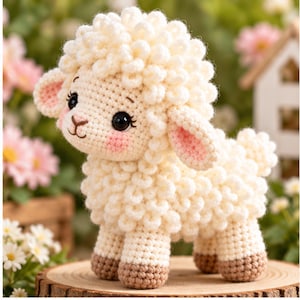 May include: A cream-colored crocheted lamb stuffed animal with a textured, curly wool body, large black eyes, pink cheeks, and brown hooves. The lamb has floppy ears and a small stitched nose, standing on a round wooden base with a natural finish.