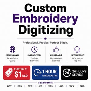May include: A graphic advertisement for custom embroidery digitizing services. The text reads Custom Embroidery Digitizing, Professional. Precise. Perfect Stitch. It lists features like professional quality, fast delivery, affordable pricing, and 24/7 support.