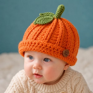 May include: A bright orange crocheted beanie hat designed to resemble a pumpkin, featuring a ribbed texture, a green crocheted leaf and stem on top, and a single brown four-hole button attached to the folded brim of the hat.
