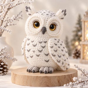May include: A crocheted snowy owl figurine featuring white yarn with grey accents on the wings and ear tufts. The owl has large, round, amber-coloured eyes and a dark grey beak, standing on a circular wooden base with visible grey yarn feet.