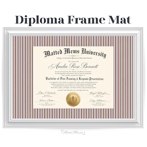 May include: A white rectangular diploma frame featuring a mat with a brown and white vertical pinstripe pattern. The frame holds a document titled Matted Mems University awarded to Amelia Rose Bennett, featuring black text and a gold circular seal.