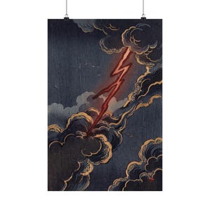 Crimson Lightning Storm Wall Art Print, Japanese Thunder Cloud Poster, Gold Storm Painting, Dramatic Asian Art, Raijin Thunder God Decor