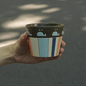Hand Painted Whale Ceramic Cup, Blue Ocean Pottery Mug, 270ml Handleless Tea Cup