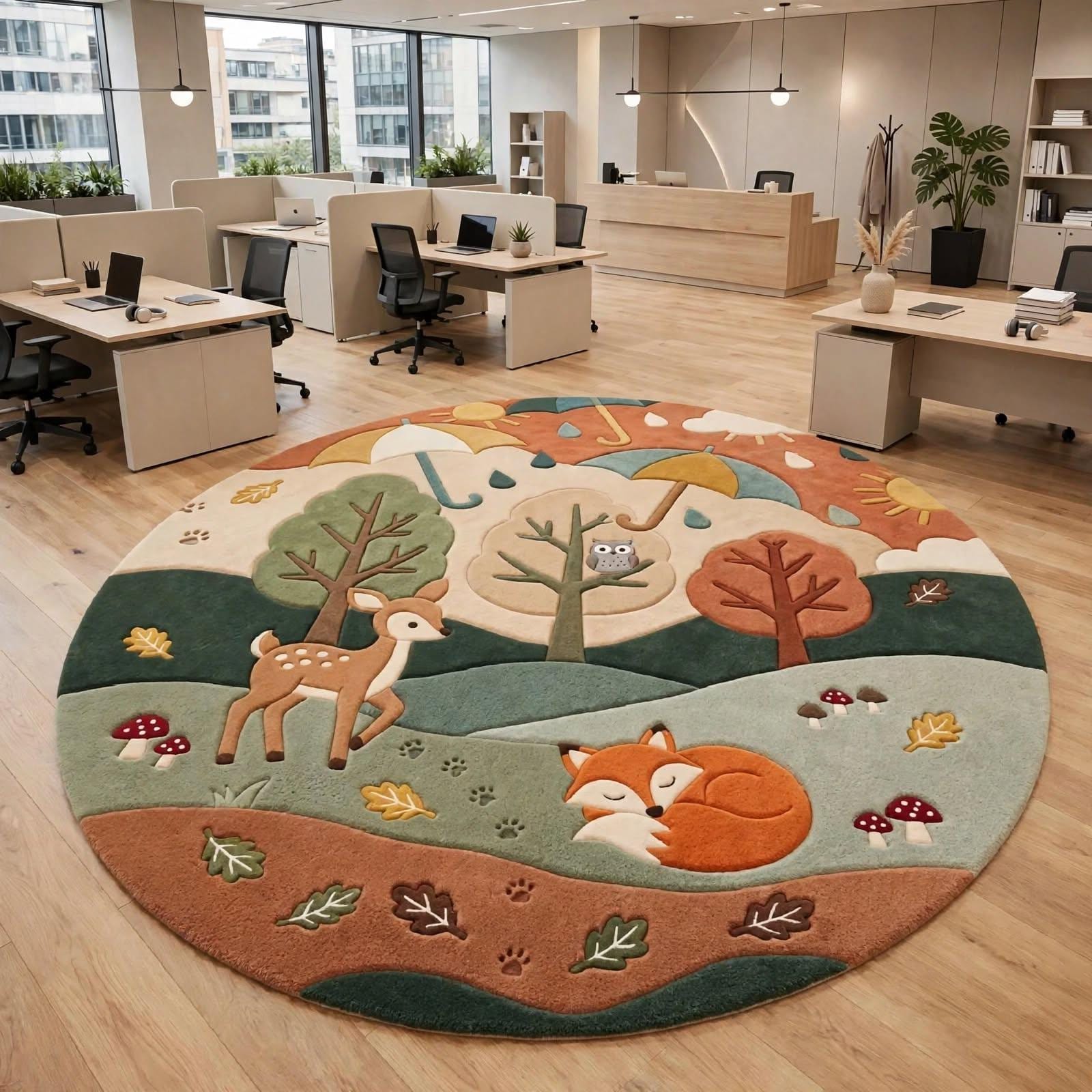 Woodland Forest Animal Rug, Fox Deer Owl, Round Nursery Decor