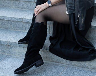 Women's suede boots with wide shafts. Genuine leather footwear for casual and stylish looks. Tall suede boots. Leather Shoes