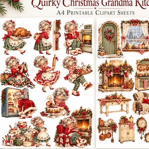 May include: A collection of A4 printable clipart sheets titled Quirky Christmas Grandma Kitchen featuring illustrations of an elderly woman in festive attire performing kitchen tasks, alongside images of a fireplace, furniture, and holiday decor.