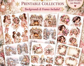 Kit stampabile natalizio Shabby Chic, 18 pagine A4, clipart natalizie vintage rosa, cornici, sfondi, elementi decorativi per junk journal.