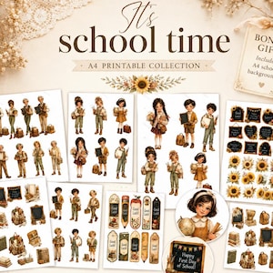 May include: An A4 printable collection titled It's school time featuring illustrations of children in school attire, sunflowers, chalkboards, books, and backpacks. The set includes various stickers, bookmarks, and school-themed background papers.