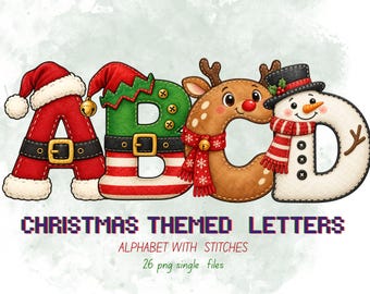 クリスマスアルファベットPNGバンドル、A-Zステッチ文字、ホリデーレタークリップアート、昇華PNG、デジタルダウンロード