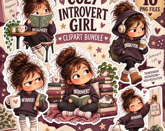 Introvert tjej clipart-paket, 16 mysiga bokälskare PNG-bilder, söta digitala läsklistermärken, transparent bakgrund, direktnedladdning