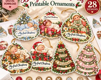 Baby’s First Christmas Printable Ornament Bundle, 28 PNG Designs, DIY Cardstock Tree Decorations, Digital Download, Print Cut & Hang