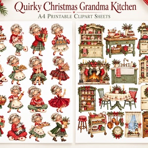 May include: Two A4 printable sheets featuring illustrations of grandmothers in festive clothing and various kitchen furniture items decorated for Christmas. The images include grandmothers holding gifts, cookies, and cakes, alongside stoves, tables, and fireplaces.