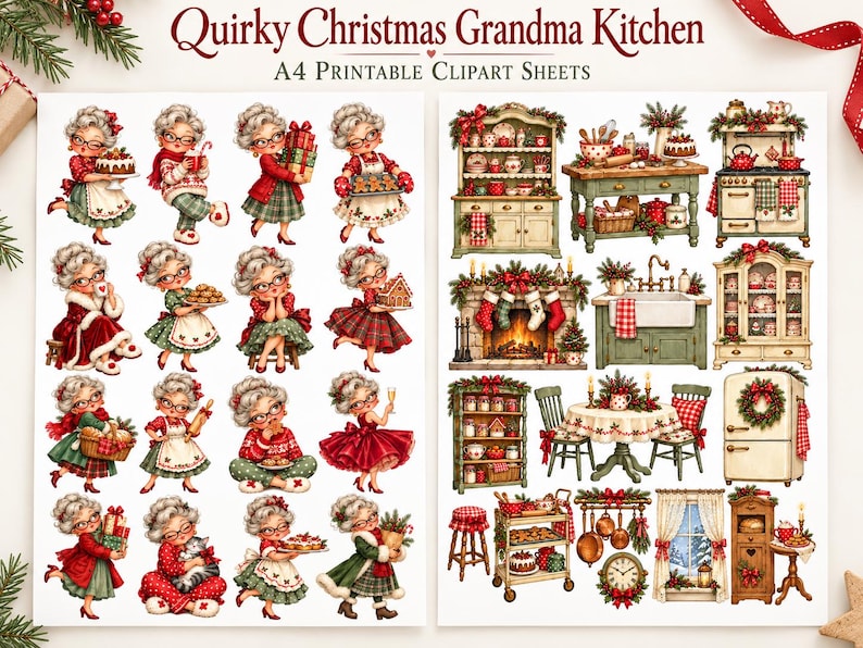 May include: Two A4 printable sheets featuring illustrations of grandmothers in festive clothing and various kitchen furniture items decorated for Christmas. The images include grandmothers holding gifts, cookies, and cakes, alongside stoves, tables, and fireplaces.