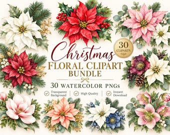 Christmas Floral Clipart Bundle, 30 Watercolor PNGs, Poinsettia Flowers, Winter Botanical, Transparent Background, Holiday Crafts