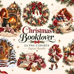 Può includere: Un pacchetto digitale di 23 illustrazioni clipart PNG Christmas Booklover che mostra una persona che legge vicino a un camino, una ghirlanda di libri, una persona in una tazza, una porta innevata, una persona con libri e un cane con libri.
