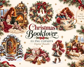 Paquete de imágenes PNG navideñas para amantes de los libros, imágenes prediseñadas de lectura acogedora, elementos literarios invernales (descarga digital)