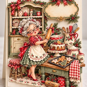 May include: A 3D-style greeting card featuring a character with gray hair and glasses wearing a red polka-dot top and green skirt, holding a rolling pin in a kitchen. The scene includes a hutch, a cake, gingerbread cookies, and festive decor.