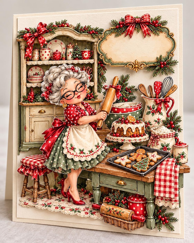 May include: A 3D-style greeting card featuring a character with gray hair and glasses wearing a red polka-dot top and green skirt, holding a rolling pin in a kitchen. The scene includes a hutch, a cake, gingerbread cookies, and festive decor.