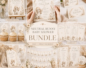 Neutral Bunny Baby Shower Bundle, Storybook Editable Canva Templates with Games, Invitation & Party Decor