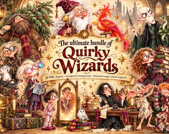 風変わりな魔法使いの究極バンドル、50個のPNGクリップアート、気まぐれな魔法学校のキャラクター、ファンタジーペーパードール、透明PNG