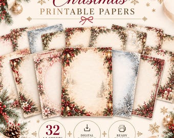 ヴィンテージ風クリスマス印刷可能用紙、A4サイズ32枚、印刷準備完了、クリスマスステーショナリー、ジャンクジャーナルページ、デジタルダウンロード
