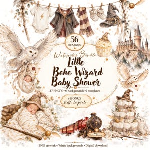 May include: A digital watercolor bundle featuring 56 designs for a baby shower. Elements include a baby onesie, robe, scarf, booties, wizard hat, owl, castle, train, and diaper cake. Text reads 56 DESIGNS, Watercolor Bundle, Little Boho Wizard Baby Shower.