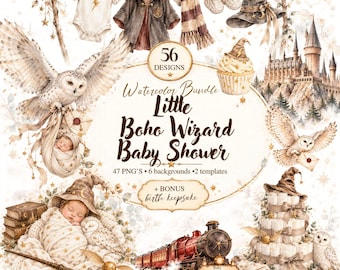 Boho Wizard Baby Shower Akvarellpaket: 56 Designs, Inbjudan & Födelseminne