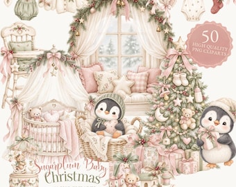 Julbebis Clipart-paket, Baby Shower PNG, Barnkammardekor Clipart, Babypaket, Födelsebevisdesign, Min första jul, 50 PNG