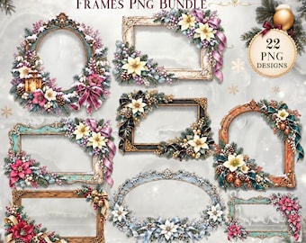 Vintage Whimsy Christmas Frames PNG-paket, 22 blommiga högtidskanter, rustik vinterclipart