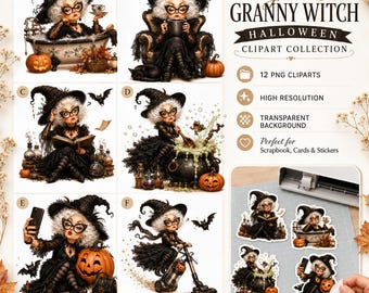 グラマラスなおばあちゃん魔女ハロウィンクリップアートセット、PNG画像12点、透明背景（デジタルダウンロード）