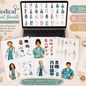 May include: A digital medical clipart bundle displayed on a laptop screen and printed cards, featuring watercolor illustrations of doctors, nurses, human organs, skeletons, and medical equipment with the text Medical Clipart Bundle.