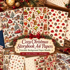 May include: A collection of A4 printable papers featuring 38 Christmas-themed designs, including snowy village scenes, candy canes, wreaths, and red sweaters. The central label reads Cozy Christmas Storybook A4 Papers Printable Background Paper Bundle.