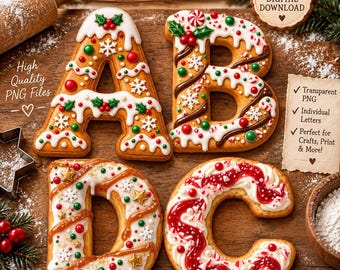 Julpepparkaksalfabet PNG-paket, A-Ö kakbokstäver (digital nedladdning)