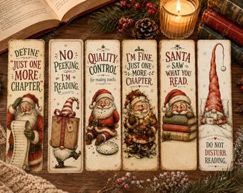 Weihnachtslesezeichen zum Ausdrucken, lustiges Geschenk für Bücherliebhaber, Vintage-Weihnachtswichtel-Motiv (A4-Format, digitaler Download)