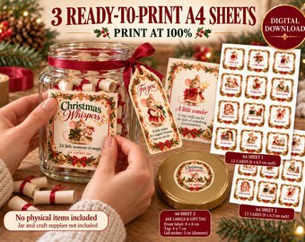 DIY utskrivbar adventsburksats, mysiga kort för egenvård, 24 julönskekort, vintagemöss, etiketter och presentetikett