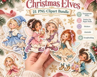気まぐれなクリスマスエルフガールズのPNGバンドル、妖精の羽、冬のホリデーキャラクター（21個のPNG画像）