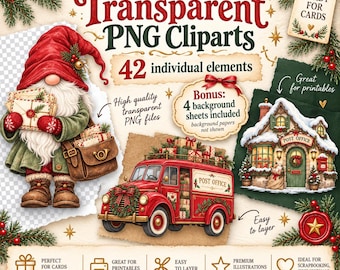 Nyckfullt julpost clipartpaket, 42 PNG, jultomtebrev, Nordpolpost, jultomtar