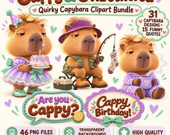 Capybara Clipart-paket, 31 udda karaktärer och 15 sarkastiska citat, transparent PNG
