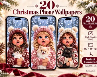 Sfondi natalizi fantasiosi per cellulari, 20 animali, scene invernali innevate (download digitale)