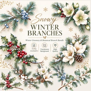 May include: A digital collection of snowy winter branches featuring watercolor illustrations of pine needles, holly berries, white flowers, pinecones, and blue berries. The text reads Snowy WINTER BRANCHES, Winter Greenery & Botanical Branch Bundle.