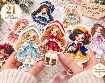 気まぐれな冬のプリンセス クリップアート バンドル、21 種類の PNG ガールズ、ペーパードール アート、おとぎ話のキャラクター、かわいいホリデー クラフト グラフィック