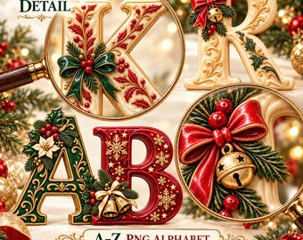 クリスマスアルファベットPNGバンドル、A-Zエンボス文字、ホリデーレタークリップアート、昇華PNG、デジタルダウンロード