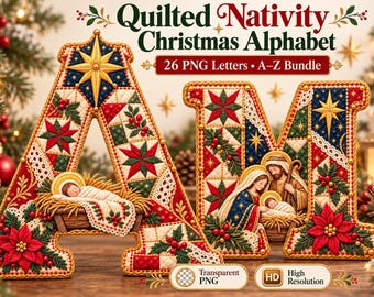 Pacchetto di immagini PNG dell'alfabeto della Natività natalizia, 26 lettere patchwork trapuntate dalla A alla Z, clipart di monogrammi religiosi, design per sublimazione.